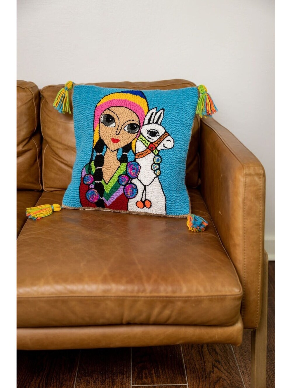 Hand Tufted Punch Needle Pillow Cover: Argentinian Woman & Llama Design